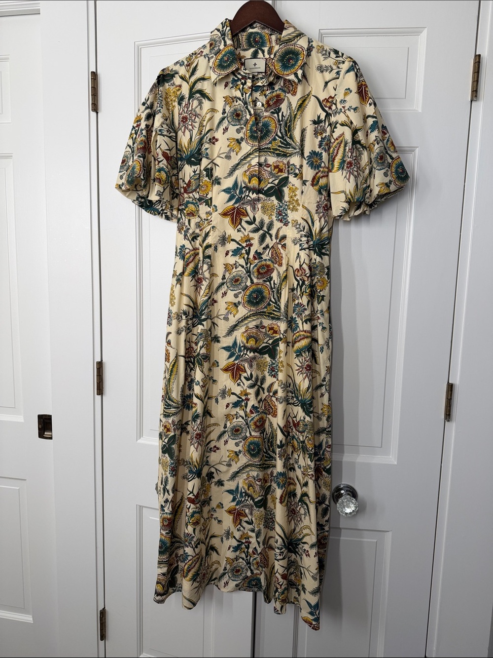 Cream Floral Button-Front Midi Dress